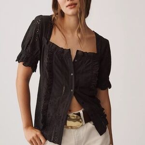NWT Anthropologie Black Eyelet Button-Front Blouse 100% cotton.